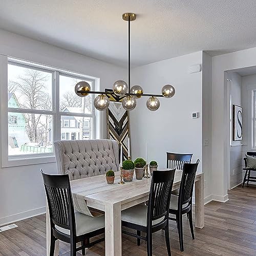 Image of KCO 7-Light Mid Century Modern Black Brass Gold Linear Sputnik Chandelier | E26 Bulb Included, 5.9 inch Canopy, Adjustable Height, 5.9 inch Smoke Glass Globe Pendant Light for Sloped Ceiling Dining Room Table