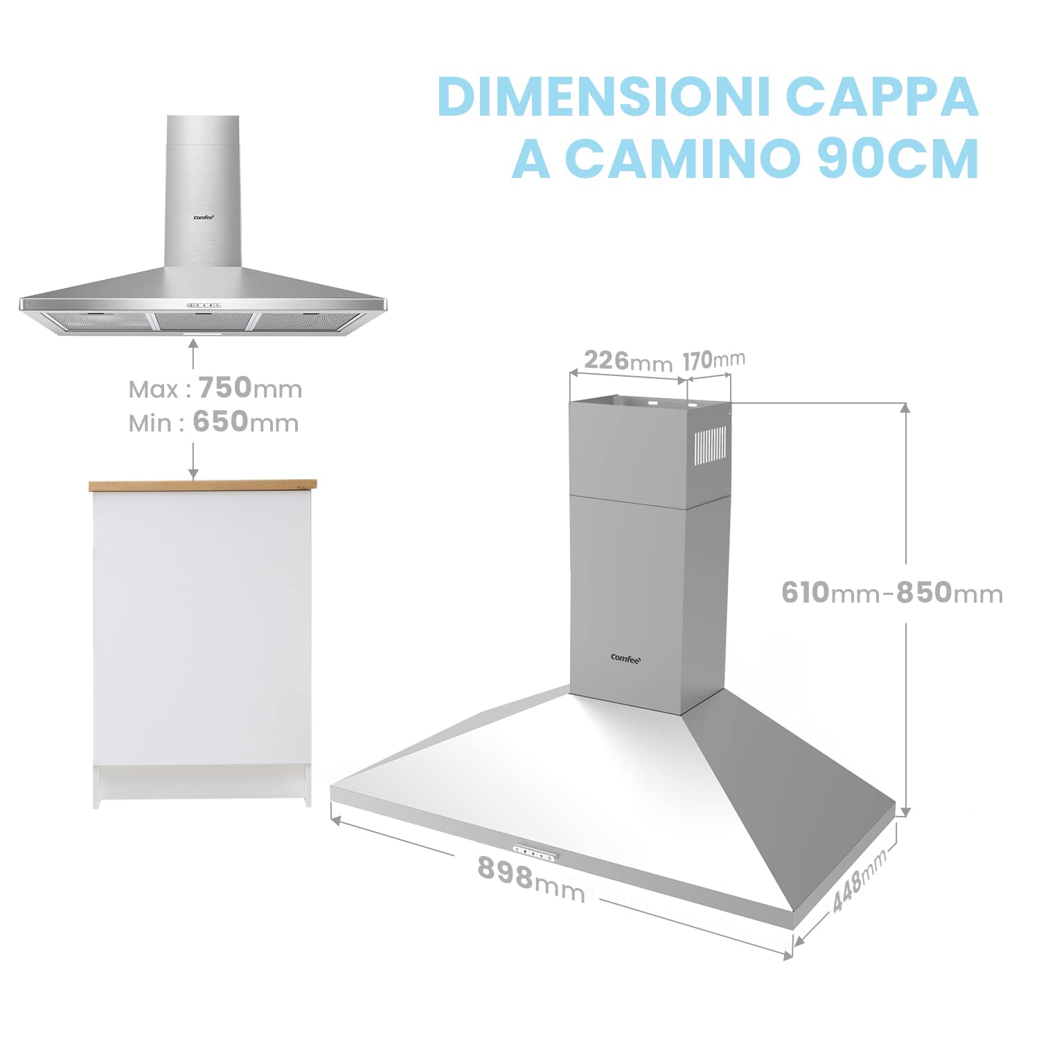 COMFEE' Cappa Aspirante 90 cm PYRA17SS-90 Acciaio Inossidabile Cappa Cucina con LED, Sistema di Ricircolo e Canalizzazione e Filtri a Carbone