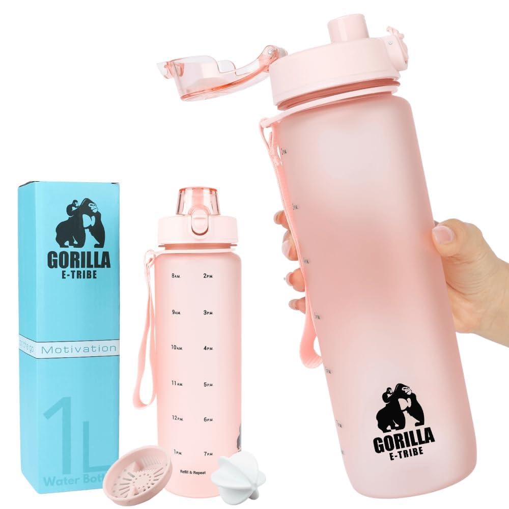 Water Bottle 1L with Time Marker - BPA Free & Leak Proof Protein Shaker Bottle Gym - Ideal for Office, School & Hiking