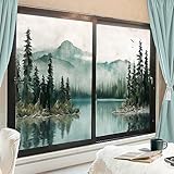Abstract Misty Forest Stained Glass Window Film Lake View Mountain Nature Theme Privacy Window Film Non-Adhesive Glass Film Decorative Static Cling Film for Home Office 27.6Wx47.2L-inch x2 Pcs