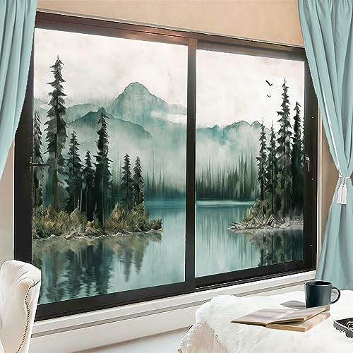 Abstract Misty Forest Window Privacy FilmLake View Mountain Nature Theme Stained Glass Window Coverings No Glue Static Cling Window Film for Home Office Stores 31.5Wx55.1L-inch x2 Pcs