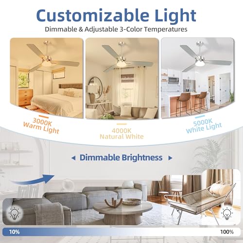 Image of hykolity 52 Inch Modern Nickel LED Ceiling Fan with Light and Remote