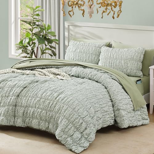 Queen Comforter Set-7 Pieces Sage Green Classic Puff Floral Bedding Sets for All Seasons,Shabby Chic Farmhouse Bed in a Bag Queen with Wildflowers Comforter,Sheets, Pillowcases & Shams