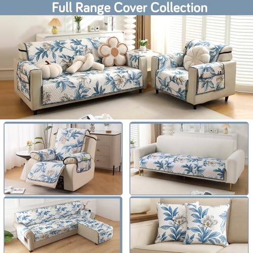 Image of HOKIPO 'HomeHues Series' Printed Quilted 1 Seater Sofa Cover Seat Mat, Celadon Blue Camellia (IN-806-D8*1)