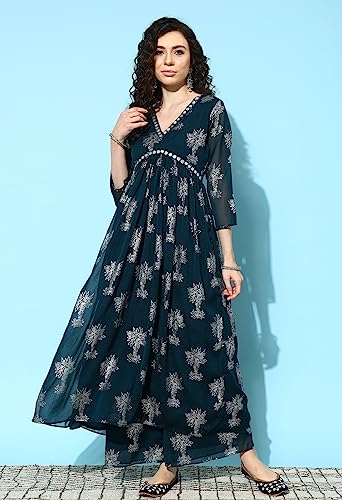 Image of LYMI LABEL Kurta Palazzo Set For Women - Poly Georgette Foil Printed Regular Fit A-Line Kurta Palazzo Set For Women