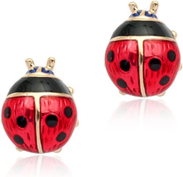 18k Gold Plated Enamel Red Spotty Beetle Ladybird Stud Earrings Beetles 10mm Girl Jewellery Gift UK