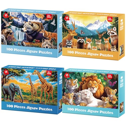 Rompecabezas Jeacirio para Niños de 5 a 8 Años – Colección Mundo de Animales, 4 Paquetes de 100 Piezas, Juguetes Educativos para Niños y Niñas de 4 a 6 Años miniatura 1