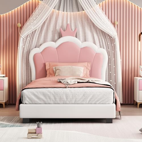 SOFTSEA Twin Size Upholstered Platform Bed with Crown Headboard, Cute Princess Bed Frame Twin for Kids, White+Pink