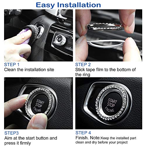 4Pcs Crystal Rhinestone Ring For Car Decor, Car Volume And Tune Knobs Ring Emblem Sticker,Auto Engine Start Stop Decoration Crystal Interior Ring Decal For Vehicle Ignition Button-Silvery #TOP3