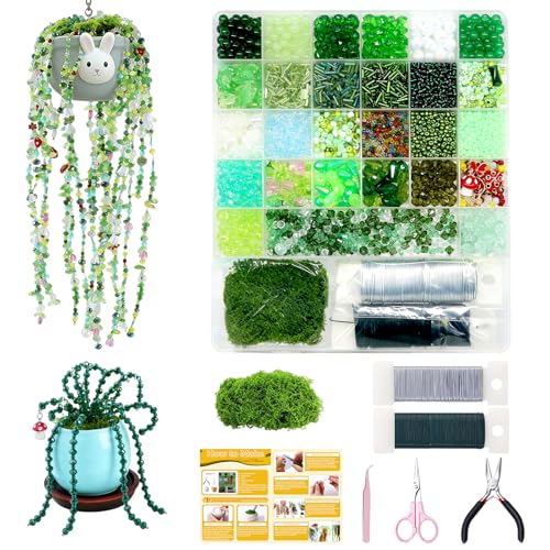 Fesorsi Beaded Plant Kit Green Beads for Beaded Plants DIY Home Decor Hanging Ornaments with Full Tools & Storage Box