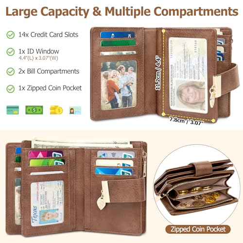 Genuine Leather Wallet for Women RFID Blocking Bifold with Zipper Pocket & ID Window (Light Brown)2