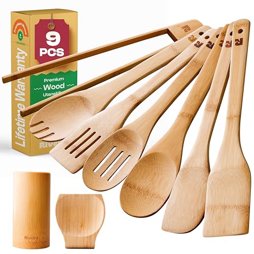 Riveira Bamboo Wooden Spoons for Cooking 9-Piece with Holder, Apartment Essentials Wood Spatula Spoon Nonstick Kitchen Utensil Set Premium Quality Housewarming Gifts for Everyday Use