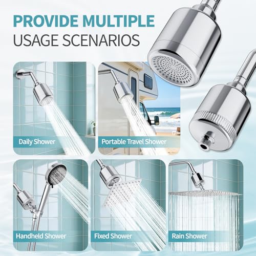 Image of SR SUN RISE 2-in-1 Filtered Shower Head for Hard Water, High Pressure | 20-stage filtration; chrome finish; fixed or inline setup; 360 swivel; includes 1.75 and 2.5 GPM restrictors