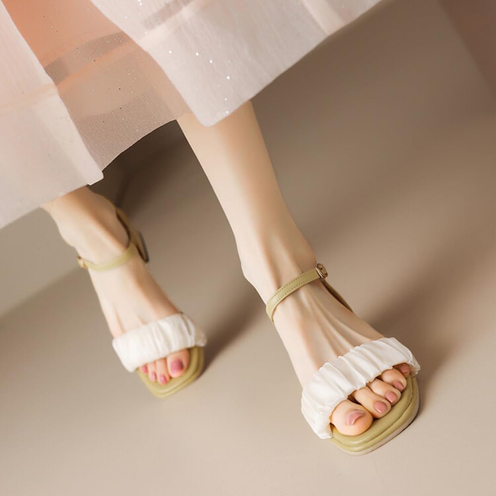 Mujer Plisado Encaje Sandalias Romanas Tacón Grueso Medio Zapatos De Vestir con Hebilla Punta Abierta Destalonadas Sandalias De Verano