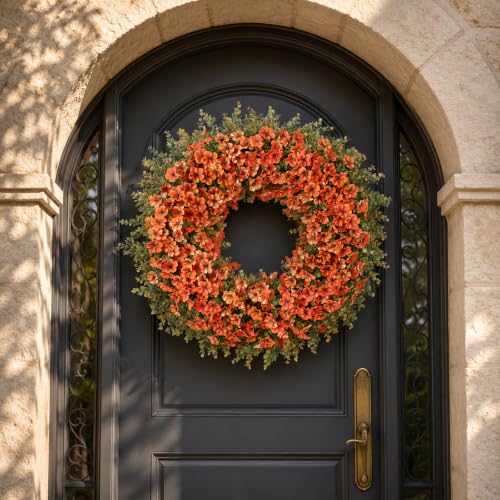 Image of 32 inch Large Artificial Silk Flower Eucalyptus Wreath for Outdoor(Fall Orange) | Large Silk Wreath, Faux Starry Sky Morning Glory Flowers&Eucalyptus Leaves, for Porch /Wall /Window /Farmhouse /Autumn Decoration