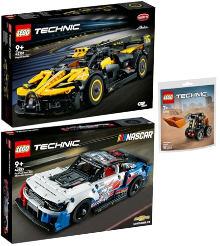 Lego Technic 3er Set: 42151 Bugatti-Bolide, 42153 NASCAR Next Gen Chevrolet Camaro ZL1 & 30710 Kompaktlader