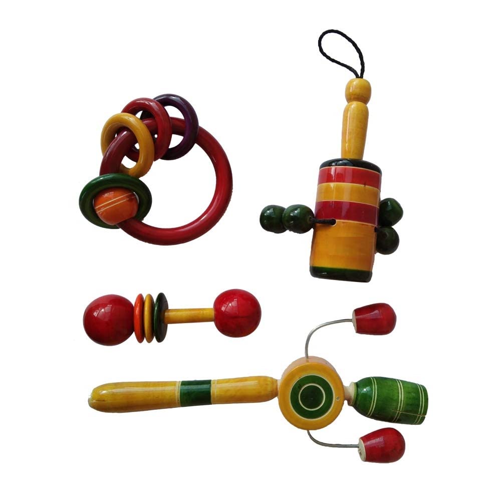 Channapatna Toys Wooden Rattles Toys for New-Born Babies, Infant Kids - Set of 4 pcs - Multicolor - Discover Sounds, Develops Sensory Skills (B0B7XM8111) Amazon Price History, Amazon Price Tracker