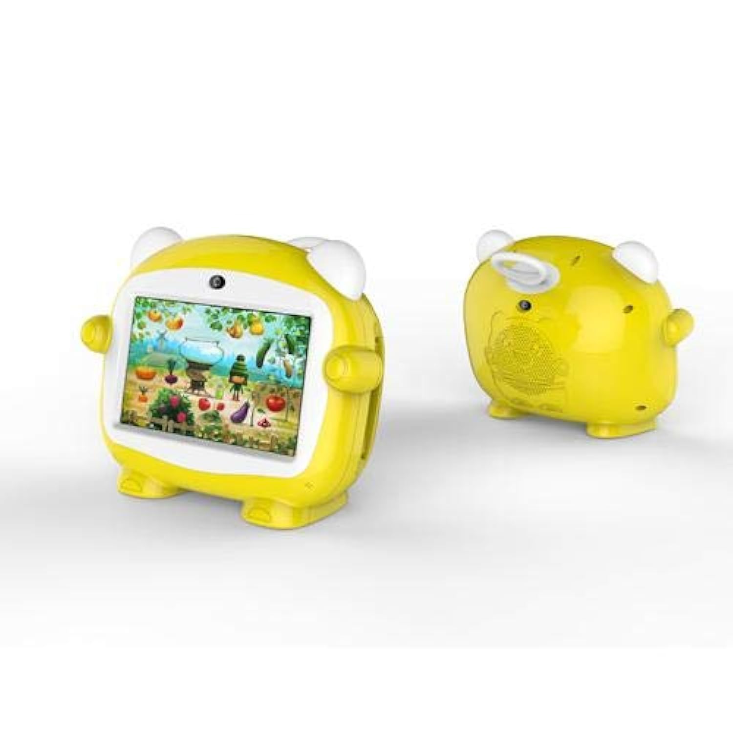 Front view of the Jettom J1 7-inch Kids Tablet in yellow, displaying a cartoon image of children playing baseball.
