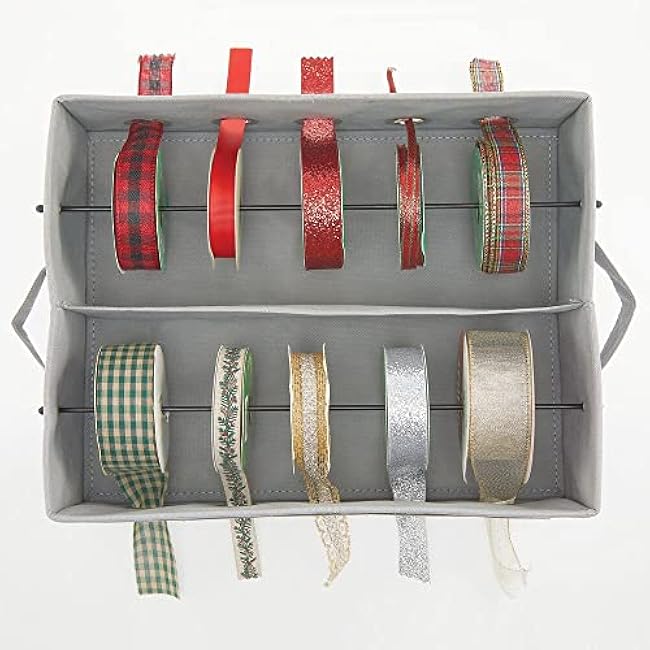mDesign Gift-Wrapping Ribbon Storage Box with Handles - Holiday Bow Organizer Container with Lid - Christmas Giftwrap Ribbon Holder - Gift Storage Tote Bin and Bow Station with Polka Dots - Gray