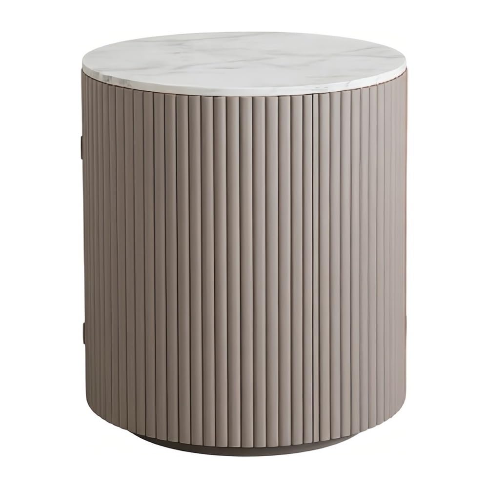 Comodino con piano in pietra sinterizzata scanalata cilindrica, comodino rotondo a doghe, tavolino portaoggetti minimalista for l'arredamento della camera da letto in stile crema(Brown)