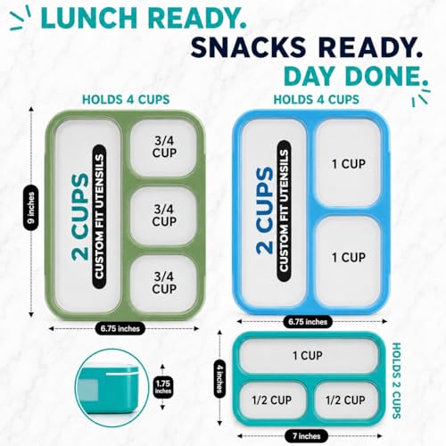 Image of kinsho Bento-Box Lunch and Snack Boxes. Family Pack of 4 Meal Planning Portion Containers for Kids, Women, Adults. BPA Free. Utensils, Blue & Green Set (2 Large + 2 Small)