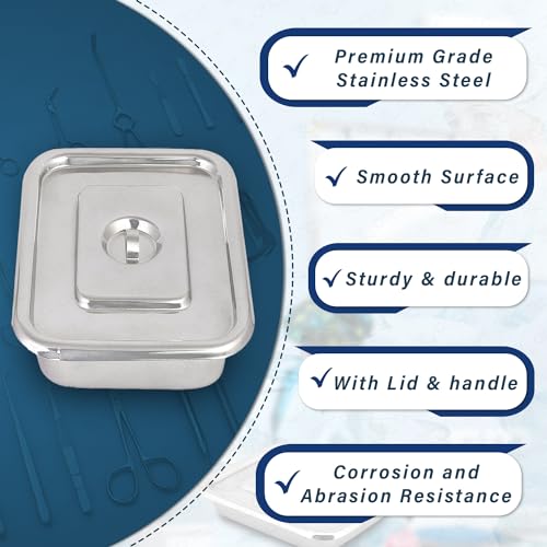 Image of OTICA Instrument Tray with Lid 9 x 6 x 1.5 inch - Stainless Steel Medical Tray with Cover | Corrosion-Resistant Tray for Hospital, Clinic & Surgery Use