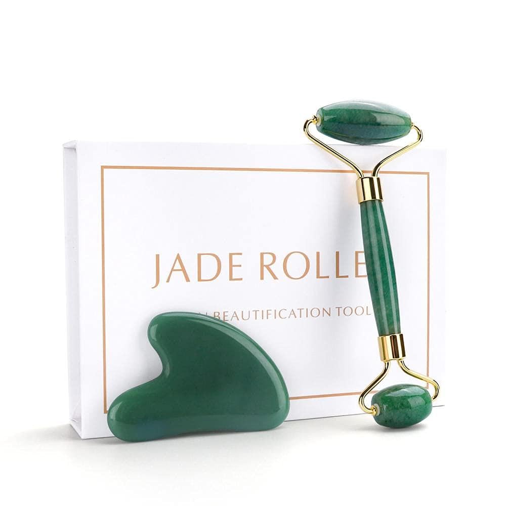Strumento di sollevamento del viso Massaggiatore di quarzo rosa rullo di quarzo dimagrante Naturale Giada Facciale Massaggio di massaggio-H Green Set con scatola_CINA