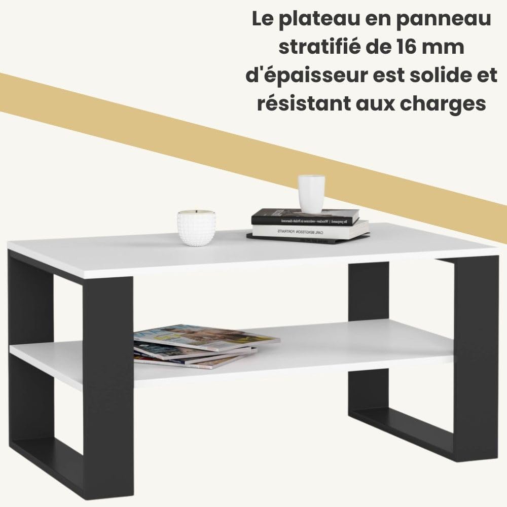 AKORD Table de Salon avec 1 étagère NOX | 92 x 45 x 53 cm | Table Basse Design Moderne | Tables Basses de Salon | Tableau Meuble de Rangement | Panneau Stratifié 16mm | Noir & Blanc