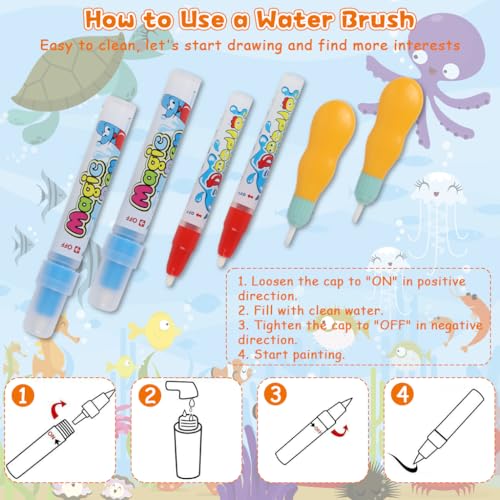 Image of PATPAT 100x70CM Reusable Magic Water Doodle Mat for Kids, Animal Ocean Theme Educational Drawing Toys Mat with Water Pens, Roller Stamps, Templates & Guide Birthday Gift for Kids