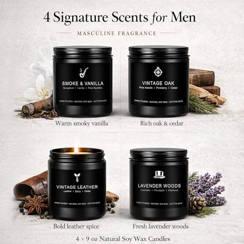 Image of Scentes Candles Set for Men, 4 Pack Mens Masculine Soy Candles | 200h Burn, Leather, Smoke, Oak & Lavender Scents, Aromatherapy Candle Gift Set for Dad, Husband, Boyfriend, Birthday, Him