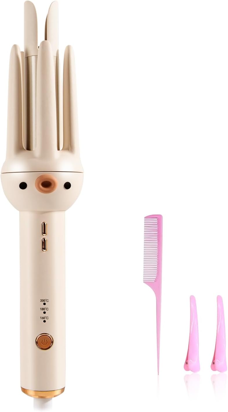 Automatic Hair Curler Rotating Curling Iron, 3 Temperature Settings for All Hair Types, 10s Fast Heating 20s Hold, Hair Crimper Tool with Comb & Clips, Lightweight Travel Curling Wand
