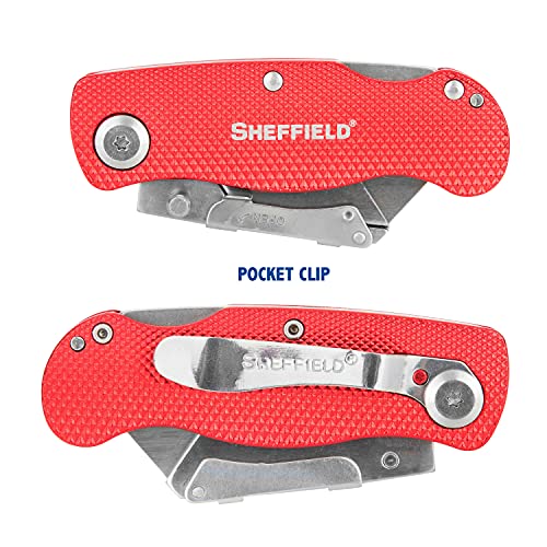 Image of Sheffield Folding Utility Knife, Accepts Standard Utility Knife Blades, Box Cutter Aluminum Handle, Razor Blades Included, For Home, Office, Trades, and Warehouse