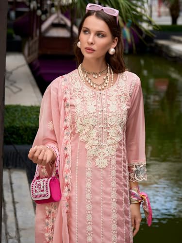 Image of INDO ERA Womens Organza Embroidered Straight Kurta Pant Dupatta Set (IEOUT10618)