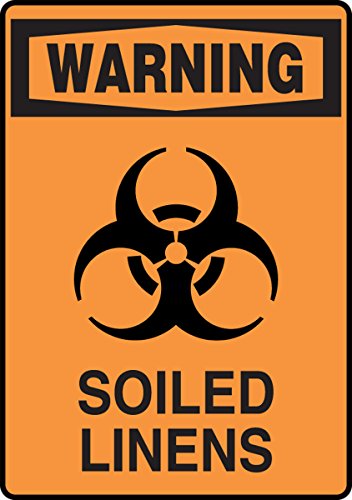 Panneau WARNING SOILED LINENS autocollant orange pour trier le linge sale