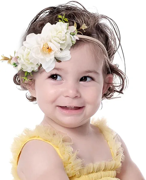 Yheahin Baby Girls Flower Nylon Headbands Newborn Rose Floral Stretchy Hair Band Party Photo Props Hair Acceaaory for Toddler Infant (White-A, Stretchy)