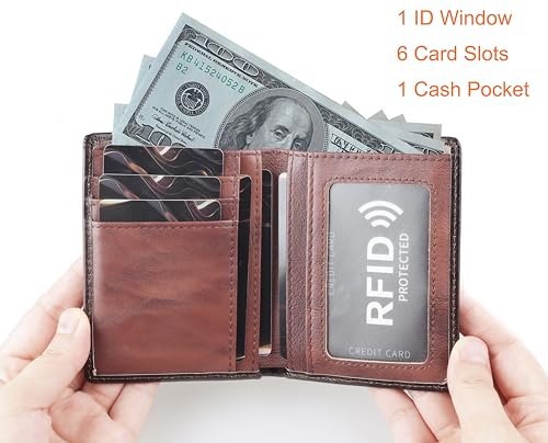 Genuine Men's Slim Leather Wallet Bifold RFID Wallet with 6 card slots, 1 currency pocket, and 1 ID windows- Brown2