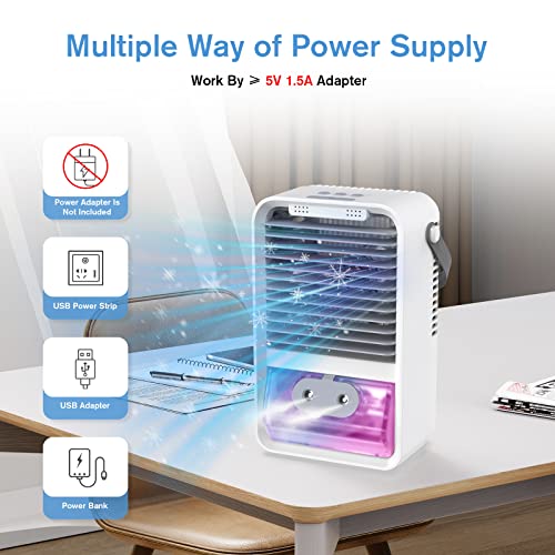 mini climatiseur portable, mini refroidisseur d'air climatiseur 4 en 1 avec aromathérapie et humidificateur, 3 vitesses mini ventilateur humidificateur avec 7 couleurs led pour maison, bureau chambre