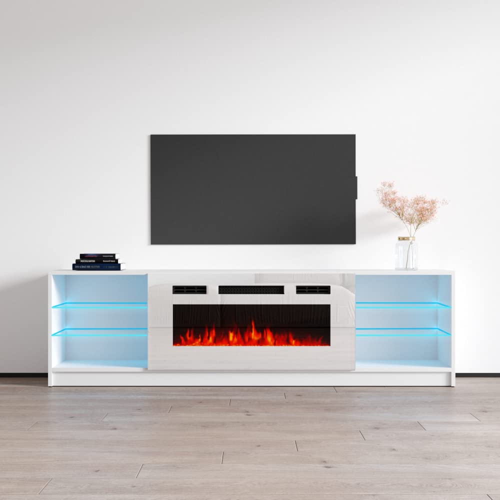 Meble Furniture Boston WH01 TV Stand with Electric Fireplace - Modern High Gloss TV Stand with Spacious Storage and Led Lights - Media Entertainment Center Console Table for TV Up to 90