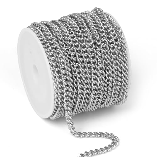 33FT Stainless Steel Curb Chain Roll, 5mm 304 Stainless Steel Flat Twisted Links Curb Chains Bulk...