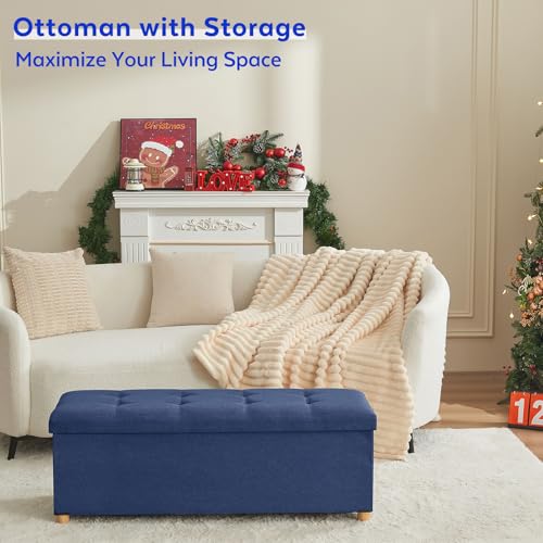 Image of BRIAN & DANY 43 Inches Folding Storage Ottoman Bench, Ottoman with Storage Bench for Bedroom, Living Room, Entryway, Foot Rest with Legs, Blue