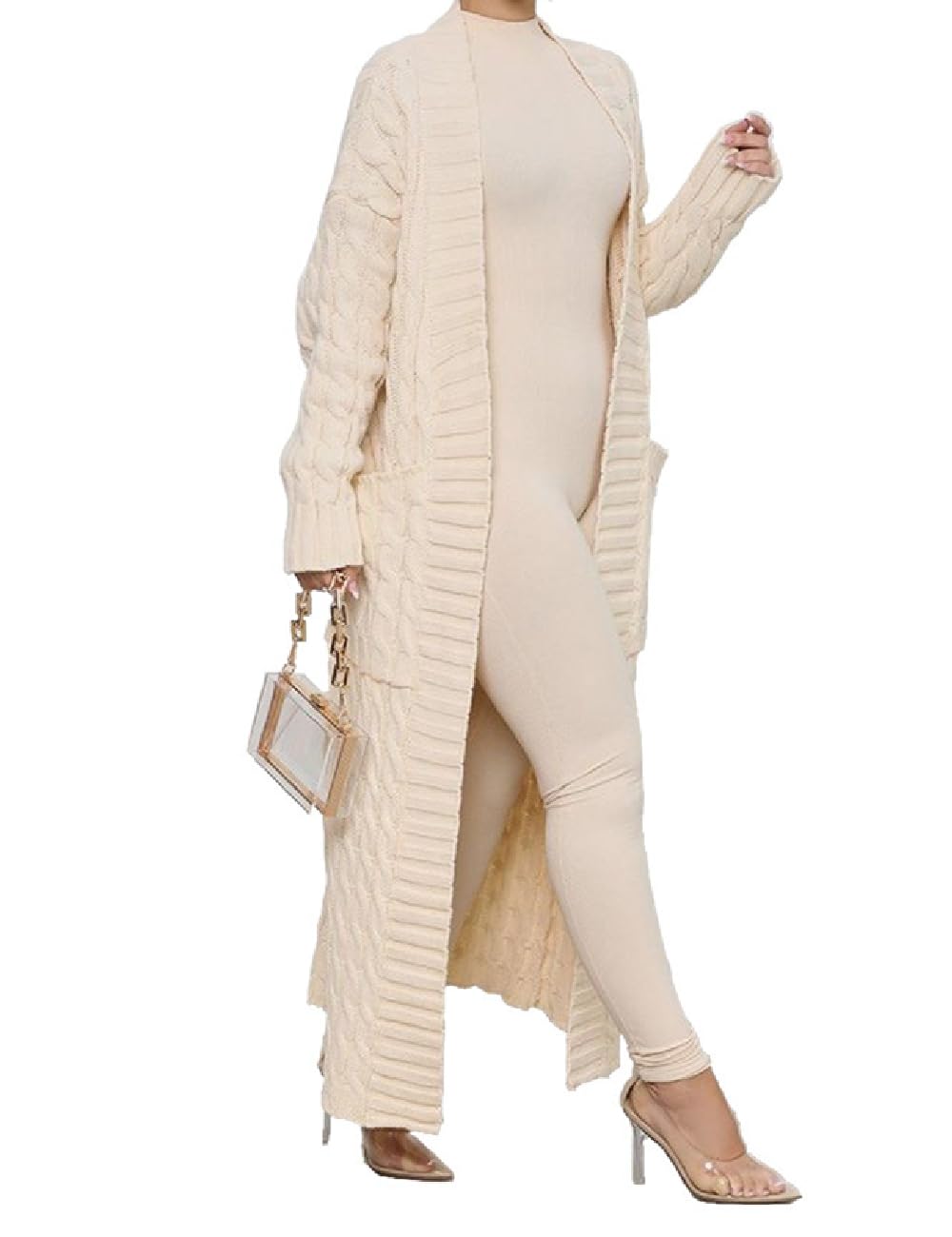 HRESSLBD Womens Cable Knit Extra Long Maxi Cardigan, 2-Pocket, Cream White, XXL