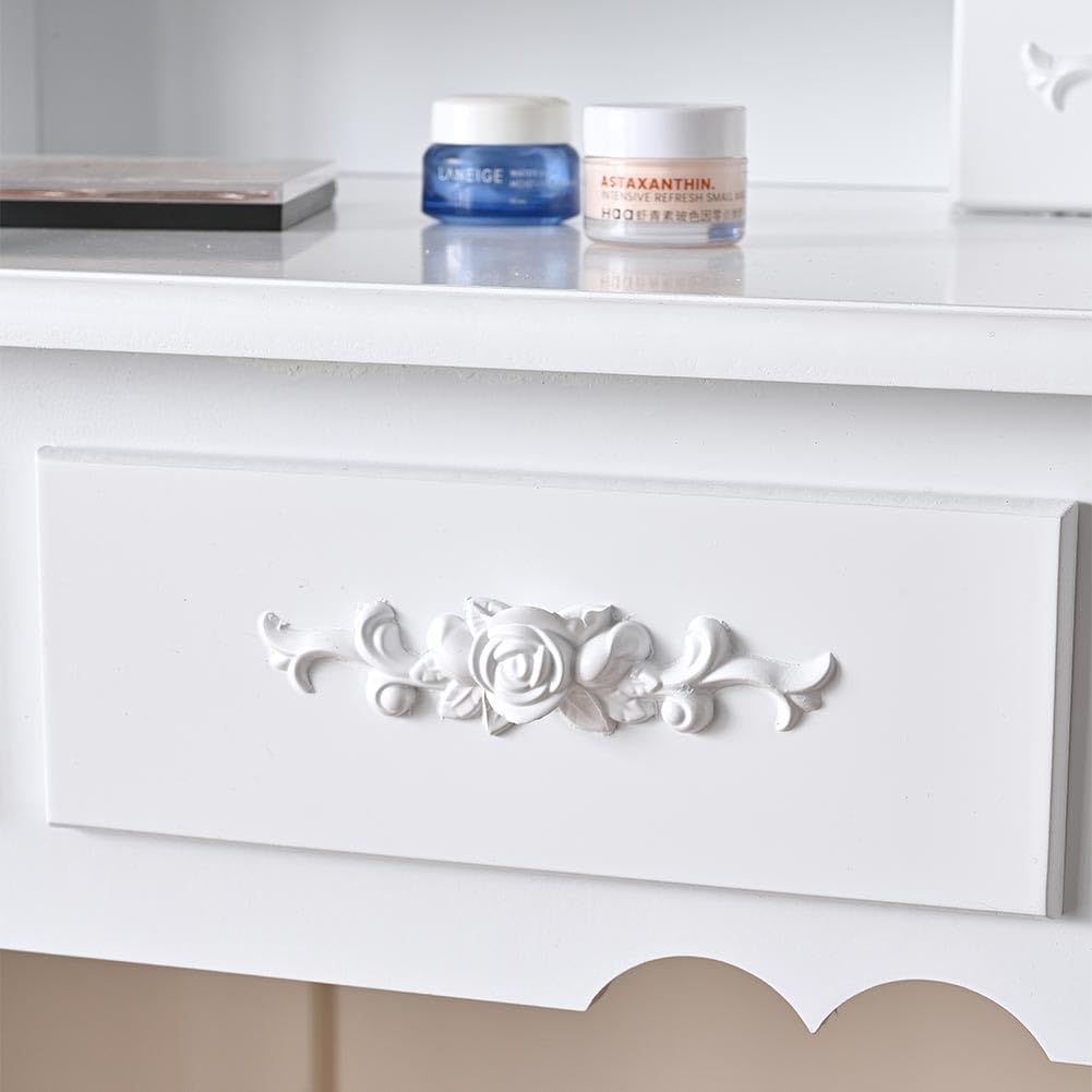 Shally Dogan Toeletta Trucco con Sgabello Modello Elena con 10 Lampade Led, Specchiera con Tavolo e Cassetti in Legno Bianco, Seduta Comoda Imbottita, Specchio Postazione Make Up, Luce Fredda e Calda