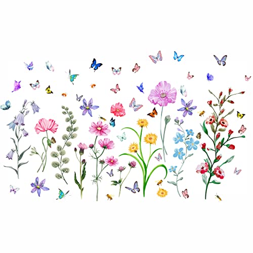 Colorful Flower Vine Wall Stickers Removable Color Butterfly Flower Wall Stickers Garden Bouquet Butterfly Green Plant Wall Stickers Children Girls Bedroom Living Room Wall Decoration