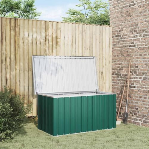 QUAHEAS Caja de almacenamiento de jardín verde de acero galvanizado 129 x 67 x 65 cm con tapa impermeable, almacenamiento para cojines, herramientas, juguetes, resistente a la intemperie, para balcón
