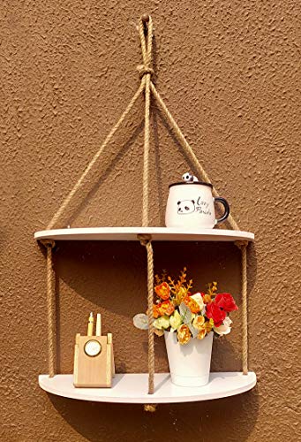 Image of VAH- Kya Bat Hai !! Wood Hand Painted Half Oval White 2 Layer Wall Hanging Shelf