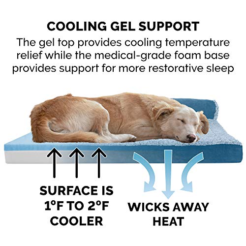 Image of Furhaven Cooling Gel Dog Bed for Large Dogs w / Removable Bolsters & Washable Cover, For Dogs Up to 125 lbs - Two-Tone Plush Faux Fur & Suede L Shaped Chaise - Marine Blue, Jumbo Plus /XXL