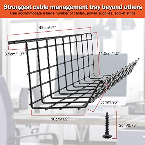 Under Desk Cable Management Tray, Cable Organizer for Wire Management, Metal Wire Cable Tray for Office and Home, 4 Pack Standing Desk Tray with 15 Cable Ties and 5 Cable Clips, Black Cord Basket 17\'\'