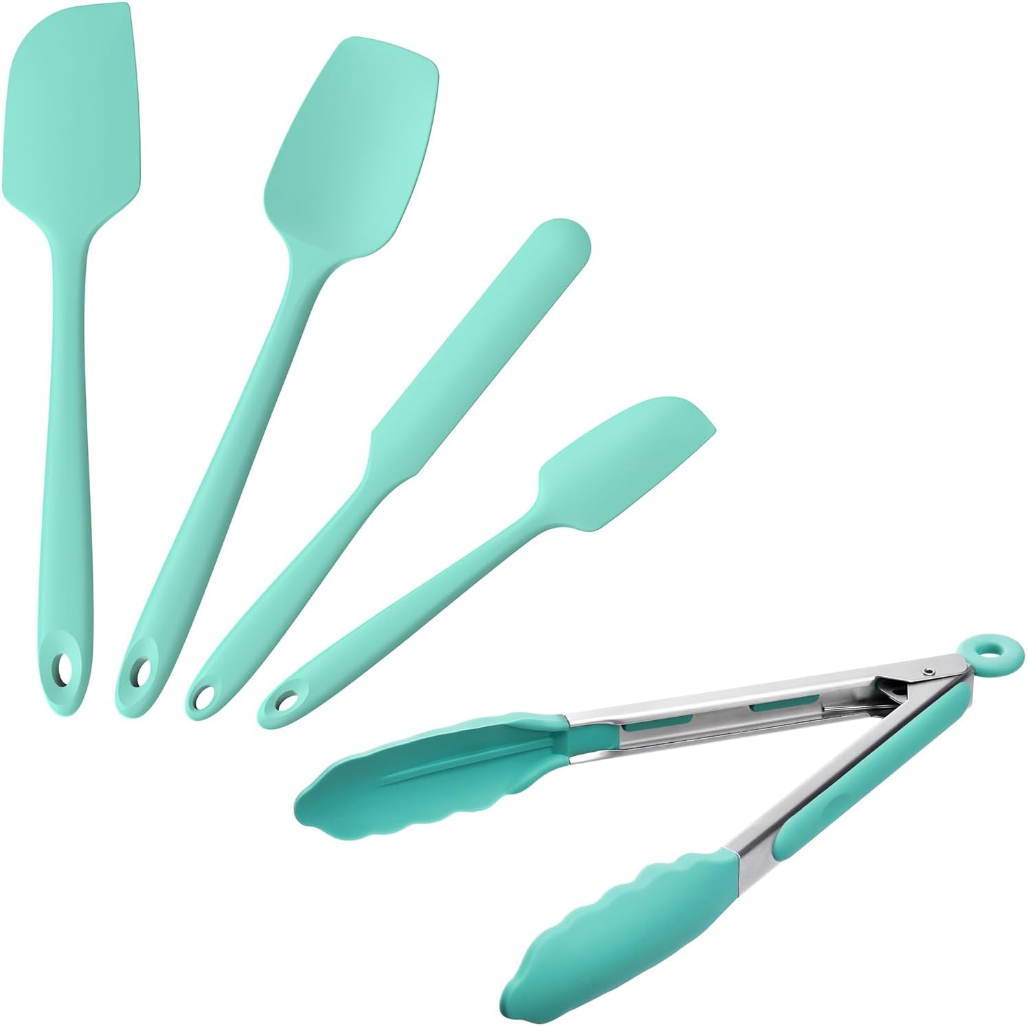 Doosu 9in Kitchen Tong for Cooking - 600°F Heat Resistant Food Tong with Non-Scratch Silicone Tips & 4-Piece Silicone Spatula Set Kitchen BPA Free Food Grade Baking Supplies Cooking Tools (Aqua Sky)