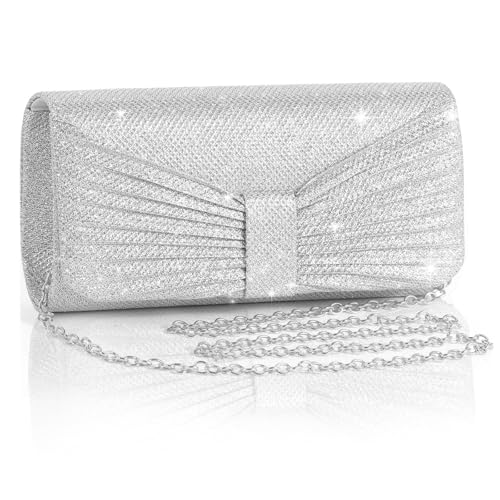 Eidsefe Evening Bag Clutch Purses for Women Wedding Bag Sparkling Party Handbag with Detachable Chain (Silver)