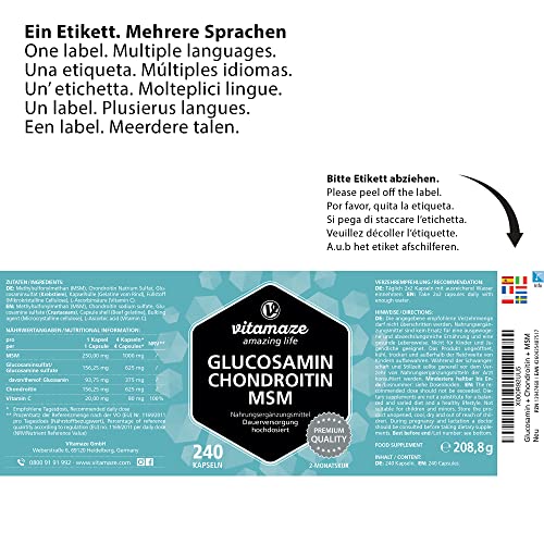 VITAL-Komplex mit Glucosamin, Chondroitin, MSM, hochdosiert, 240 Kapseln für 2 Monate mit Vitamin C, Natürliche Nahrungsergänzung ohne Zusätze, Made in Germany